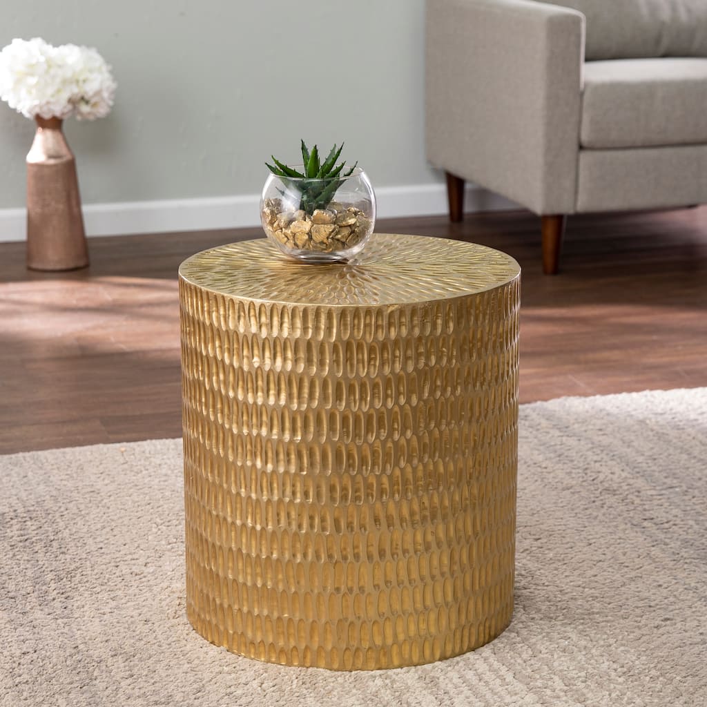 SEI Furniture Dartford Contemporary Round Hand-Carved Metal Accent Table
