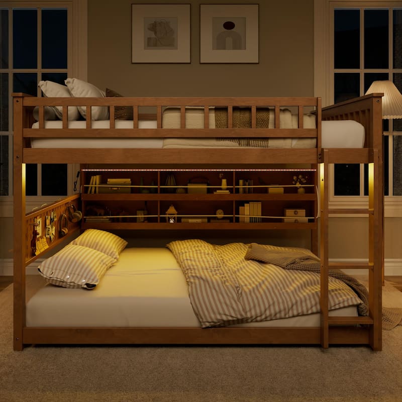 Full XL over Queen/Full over Full Bunk Bed with Integrated Shelving, Color-Changing Lights & Pegboard
