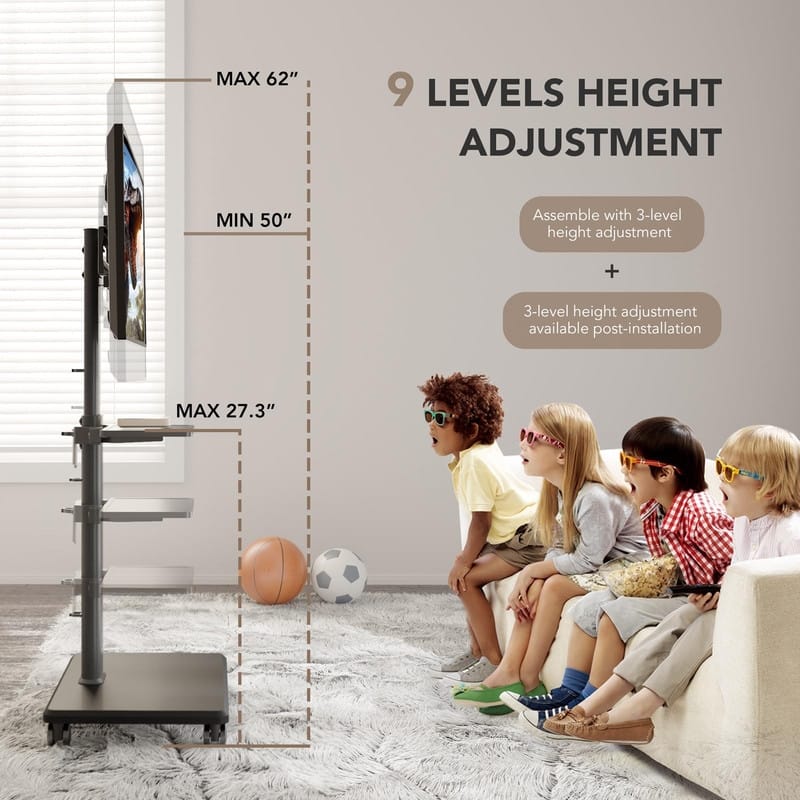 Mobile TV Stand for 27 to 65 Inch TVs, Portable Rolling TV Cart on Wheels