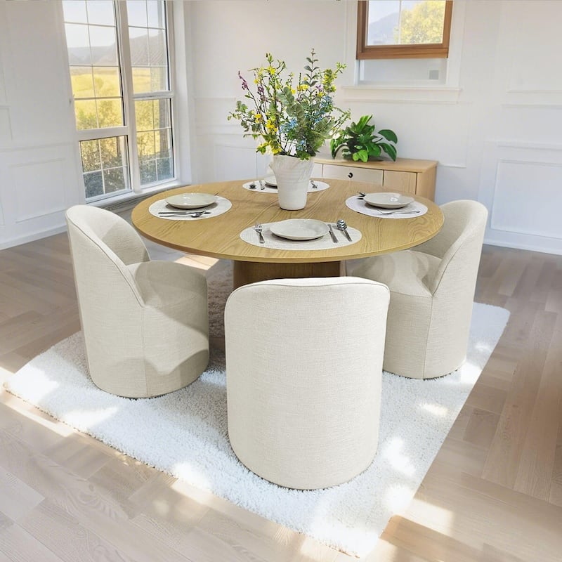Linen Upholstered Dining Chair with Castors (Set of 4)