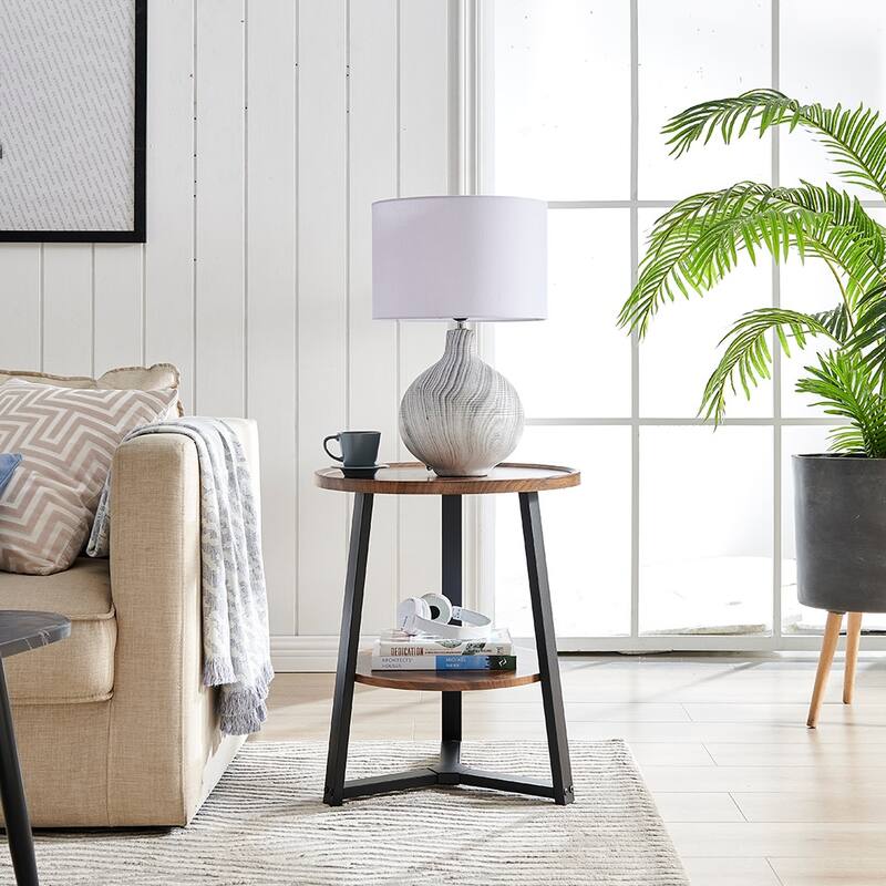 Mason Round 2-Tier Side Accent Table with Raised Lip Edge Tabletop and Mid-century Modern Crossed Metal Bold Pedestal Legs