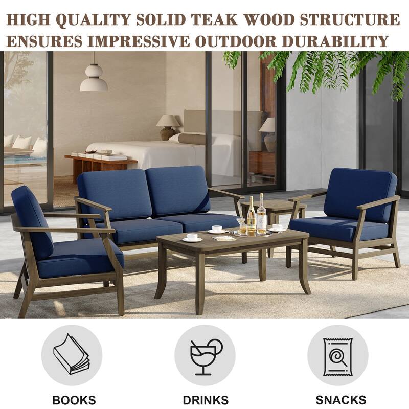 5-Piece Outdoor Teak Wood Patio Conversation Set with Cushions