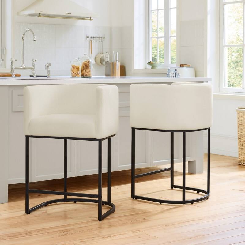 Spruce & Spring Modern Upholstered Barrel Counter Bar Stool with Arm - Set of 2 - Ivory