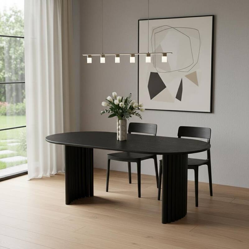 HomeRoots 66" Black Solid Wood Double Pedestal Base Oval Dining Table - 66.30 in. x 29.64 in. x 33.15 in. - Black - 66.30 in. x 29.64 in.  x 33.15 in.