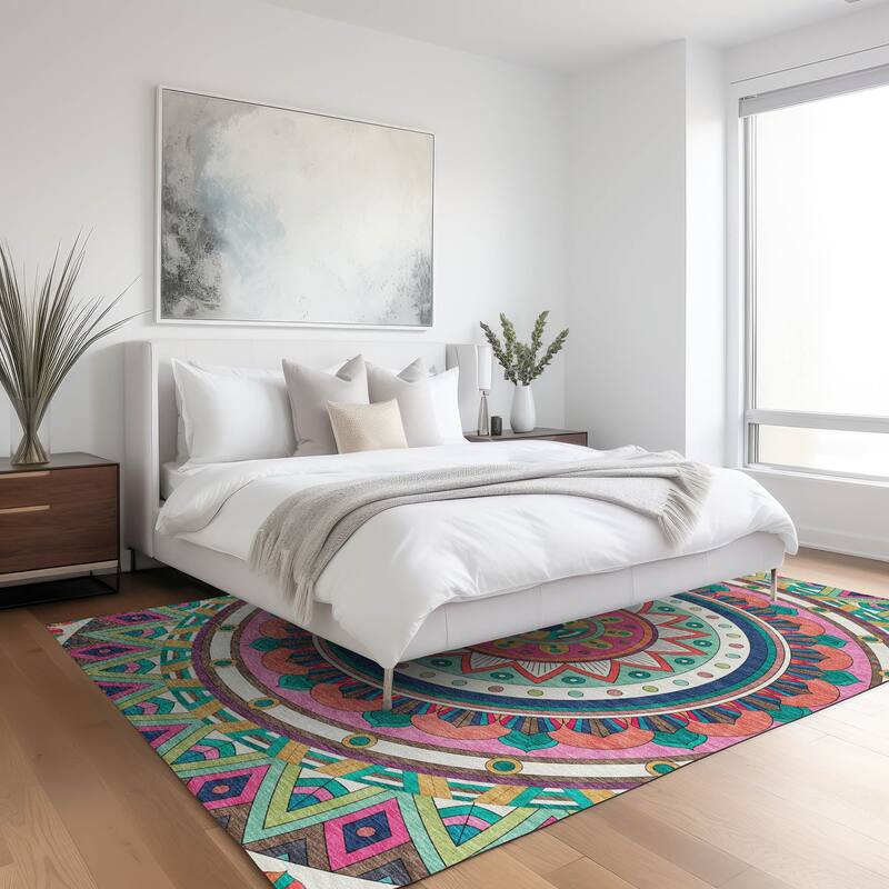 Machine Washable Indoor/ Outdoor Boho Mosaic Chantille Rug