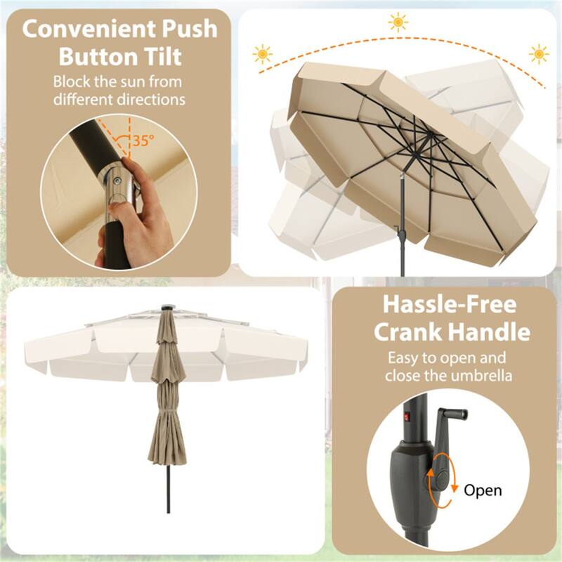 Outdoor 10 ft Umbrella with 3-Tier Venting Solar LED Lights Tilt and Crank for Poolside or Garden