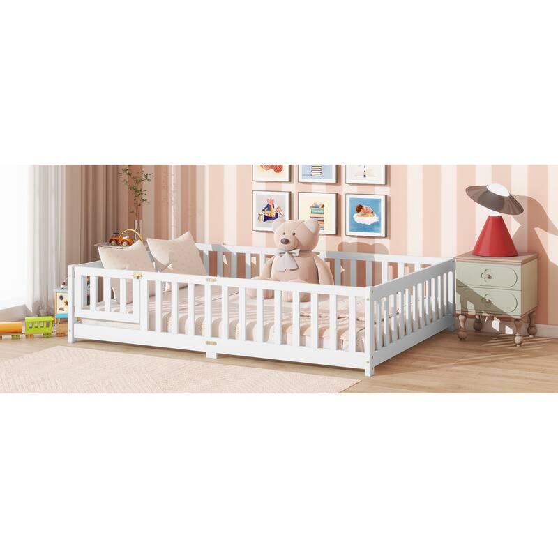 Roomfitters Twin/Full/Queen Rubber Wood Floor Bed with Fence and Swing Door, Safety Guardrails, Low Profile Design