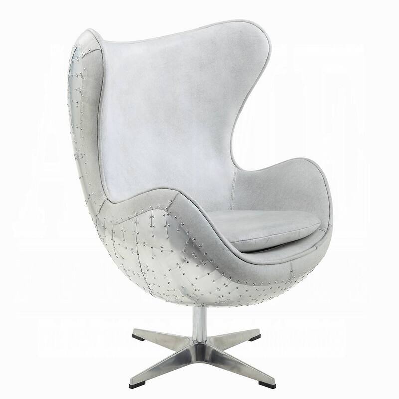 Bran Egg Chair with Swivel, Riveted Metal, White Top Grain Leather