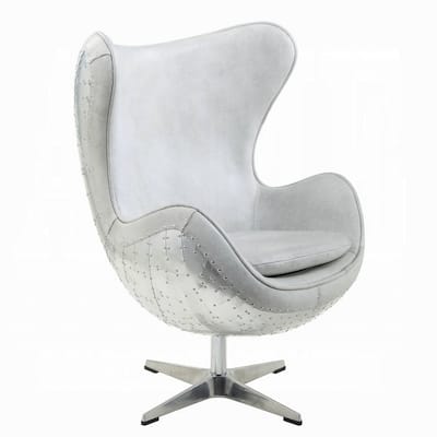 Bran Egg Chair with Swivel, Riveted Metal, White Top Grain Leather