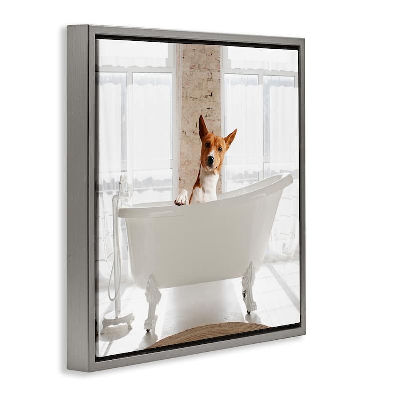 Stupell Happy Dog in Bathroom Tub Framed Floater Canvas Wall Art Design By CAD Designs