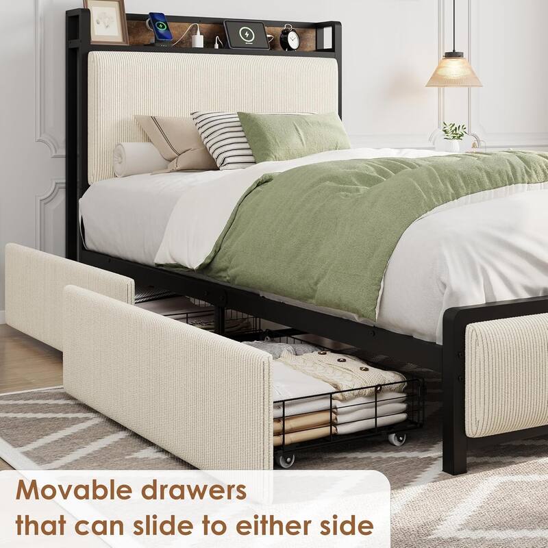 Twin Size Platform Bed Frame with 2 Storage Drawers and Charging Station