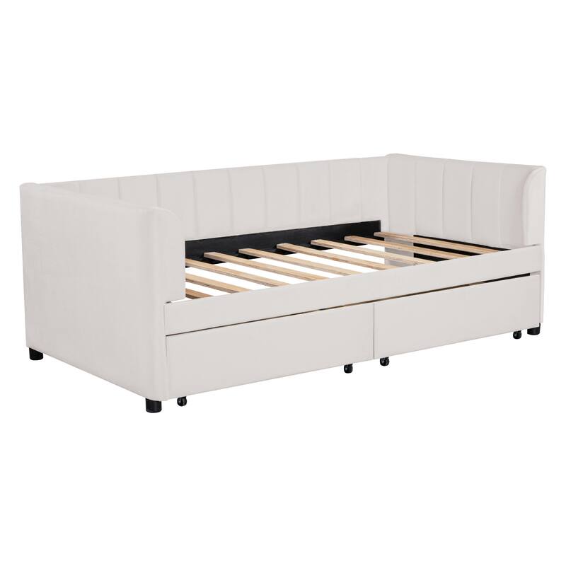Twin Upholstered Daybed with 2 Drawers for Storage, Ergonomic Backrest, and Stripe Headboard, Perfect for Small Spaces