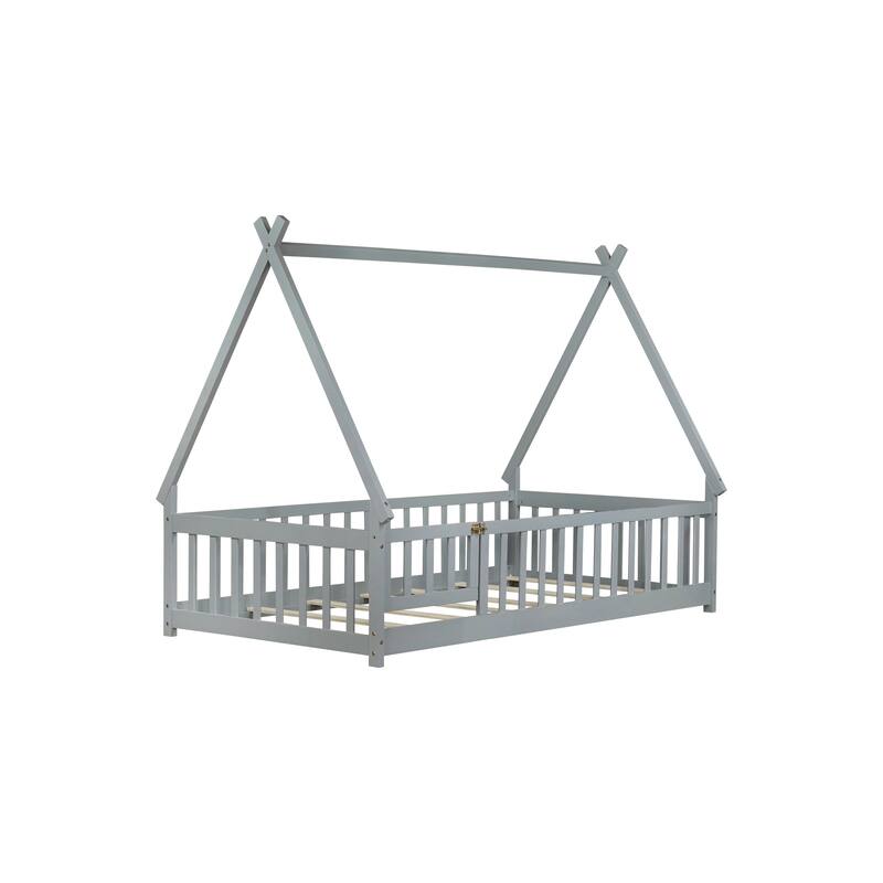 Twin Tent-shaped Floor Bed, Teepee Bed with Guardrails, Slats and Door, Grey