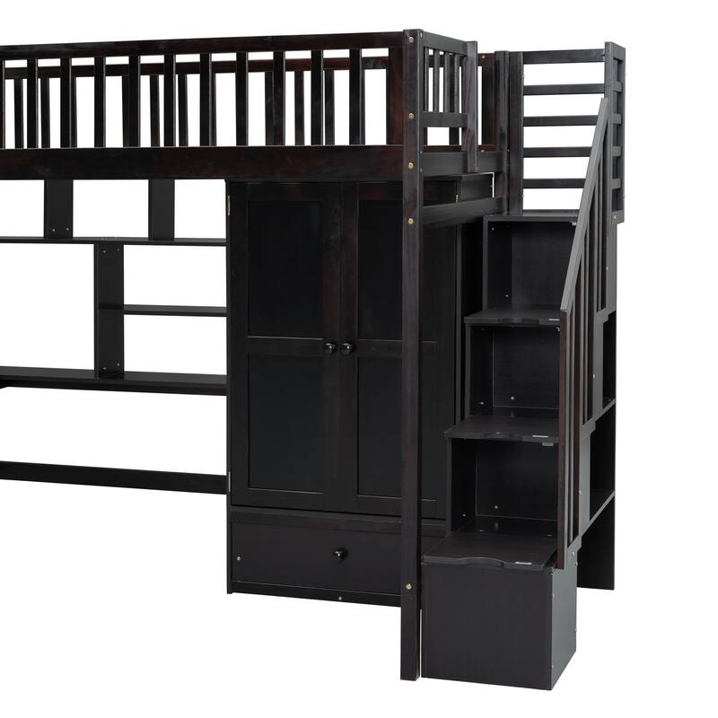 Twin Loft Bed with Bookshelf, Drawers, Desk, and Wardrobe in Espresso