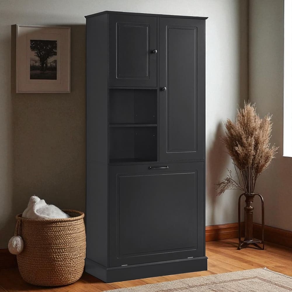 Tall Storage Cabinet with Adjustable Shelves and Flip-Out Basket, MDF Organizer with Enclosed Cabinets & Modern Handles