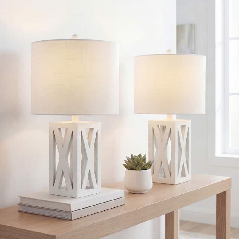 Ibiza 21.5" Farmhouse Wood LED Table Lamp, Brown (Set of 2), by JONATHAN Y - White