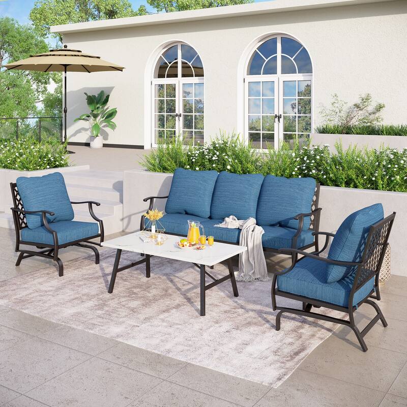 MAISON ARTS 4/5-Piece Patio Conversation Sets, Sofa Set with 2 xSingle Sofa Chairs, 1 x 3-seater Sofa and Coffee Table/Ottomans - Set 3 - Peacock Blue