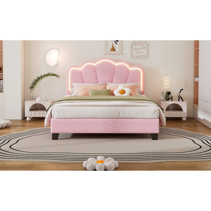 Sherpa Fabric Upholstered Platform Bed with Elegant Flowers Headboard and Wooden Slats Support