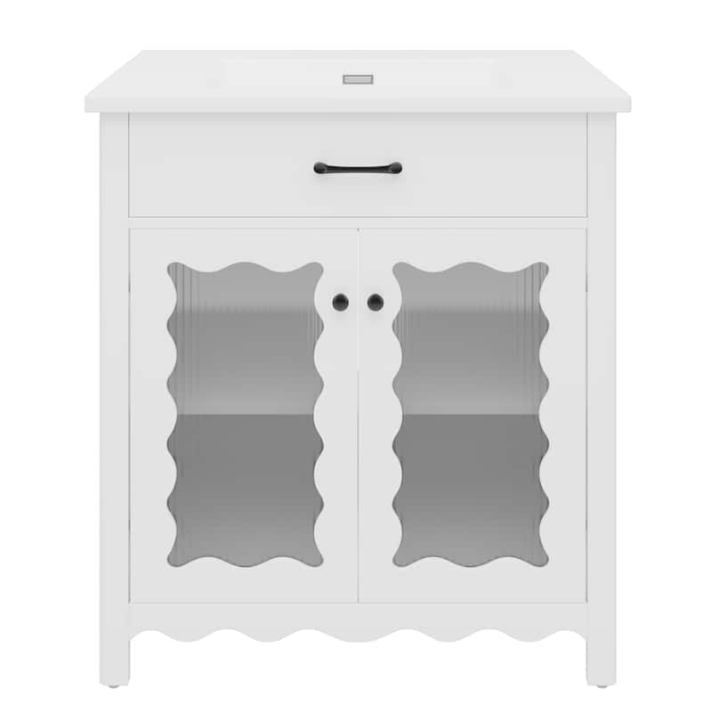 31" Bathroom Vanity with Tempered Glass, Modern Bathroom Cabinet with Rubber Wood legs and Soft close Doors, White
