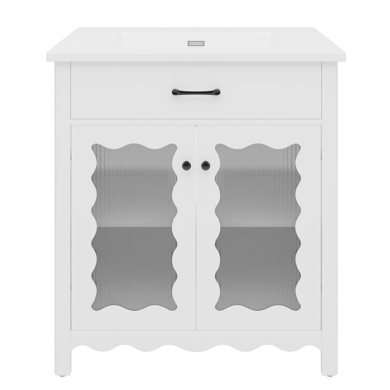 31" Bathroom Vanity with Tempered Glass,Modern Bathroom Cabinet with Rubber Wood legs and Soft close Doors