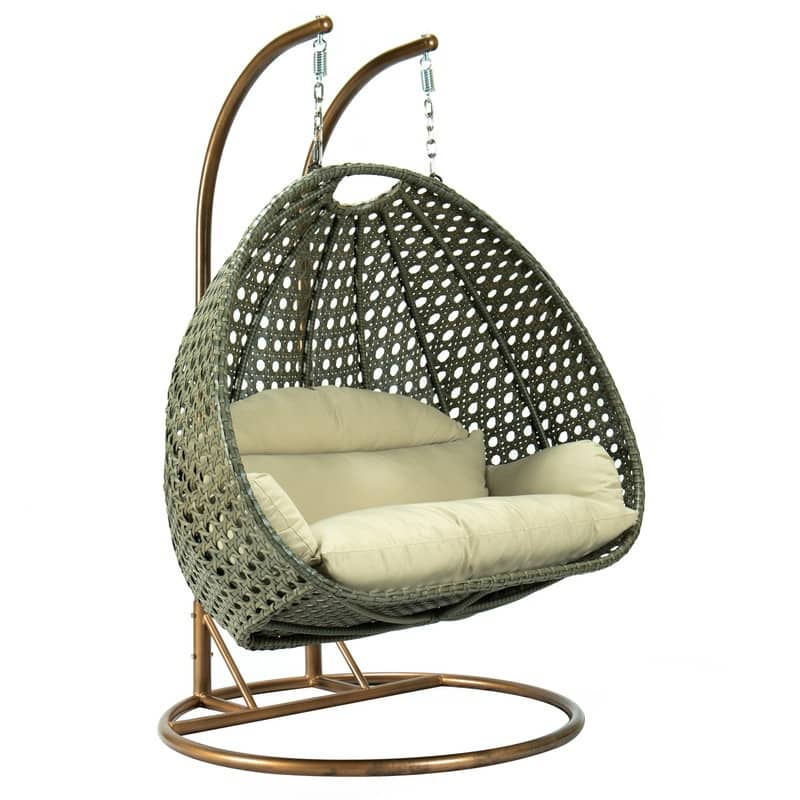 LeisureMod Modern 2-Person Egg Hanging Swing Chair with Beige Wicker, Oxford Fabric Cover, Patio Hammock Lounger and Cushions