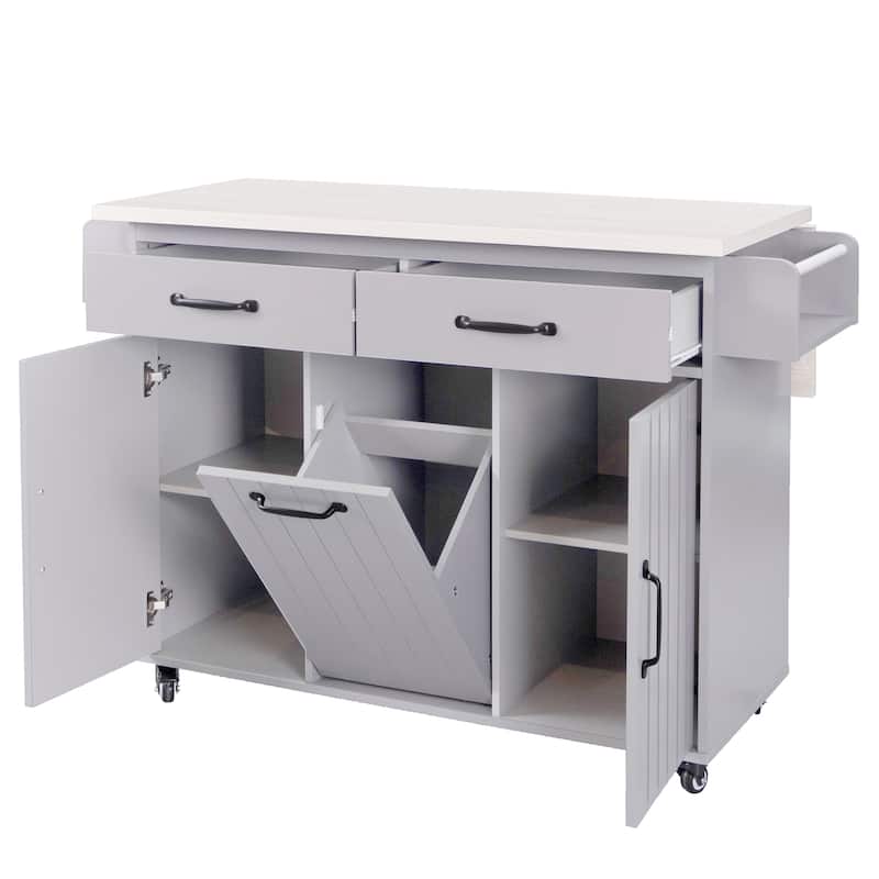 Rolling Kitchen Island with Trash Can Storage Cabinet, Kitchen Cart with Drop Leaf, Spice Rack, Towel Rack and Drawer