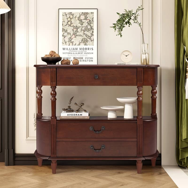 Retro 43" Curved Wood Console Table with 3 Drawers and Open Shelf, Sofa Table Behind Couch for Living Room and Hallway Storage - Cherry