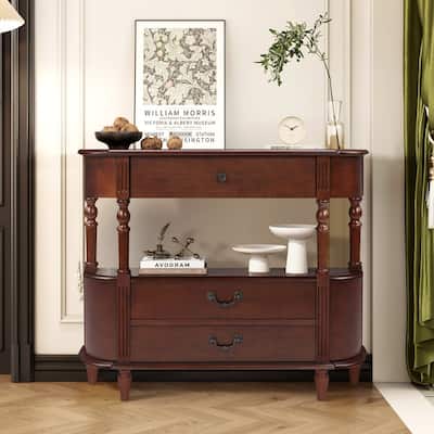 Retro 43" Curved Wood Console Table with 3 Drawers and Open Shelf, Sofa Table Behind Couch for Living Room and Hallway Storage