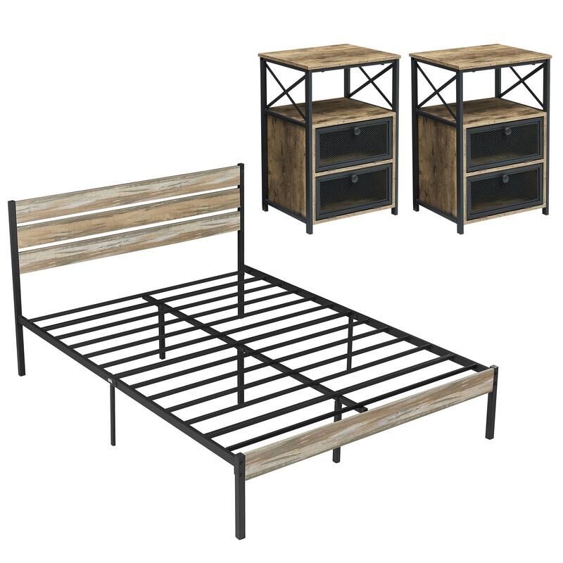 Javlergo 3 Pieces Bedroom Set Include Bed Frame & Set of 2 Nightstand - Full