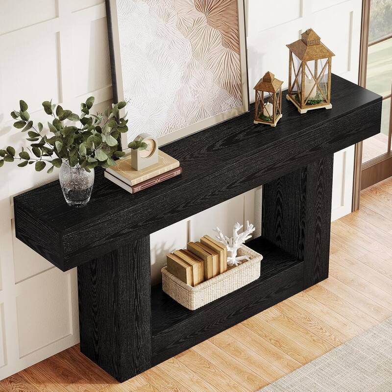 63 Inches Brown/ Gray Wood Hallway Table, Farmhouse Console Table for Entryway