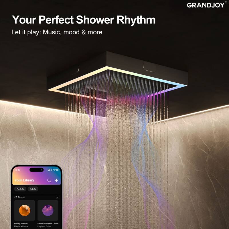 GRANDJOY Thermostatic LED Rain and Waterfall Shower System with Handheld, Built-In Music Function