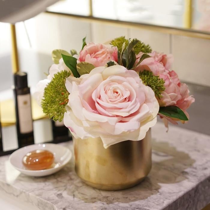 Mademoiselle Pink Rose Peony Floral Arrangement In Gold Ceramic Vase On Sale Overstock 23178195