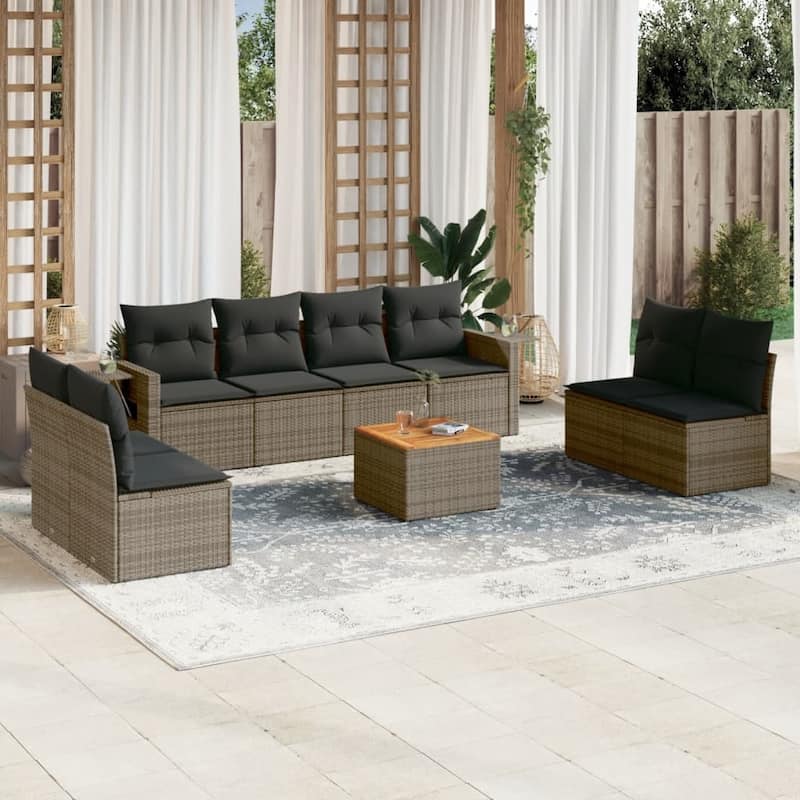 vidaXL Garden Sofa Set 9 Piece with Cushions Outdoor Sofa Set Poly Rattan - Grey - 21.7 x 21.7 x 14.6 in (W x L x H)