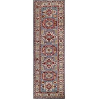 Light Blue Geometric Kazak Hallway Runner Rug Hand-knotted Wool Carpet ...