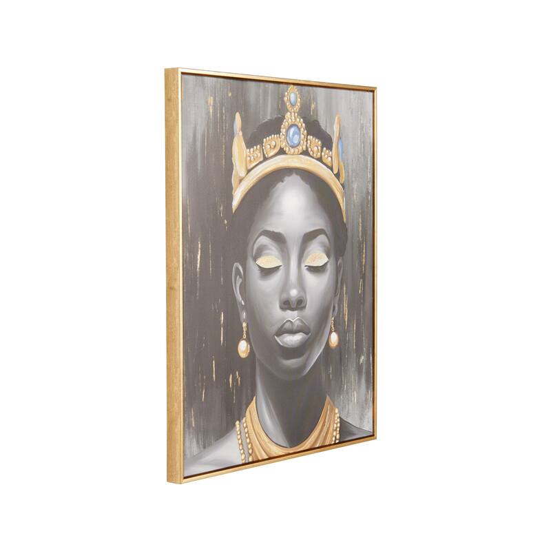 Canvas Woman Shaded Living Room Framed Wall Art with Blue Crown and Gold Foil Accents - Black - Roche River Decor