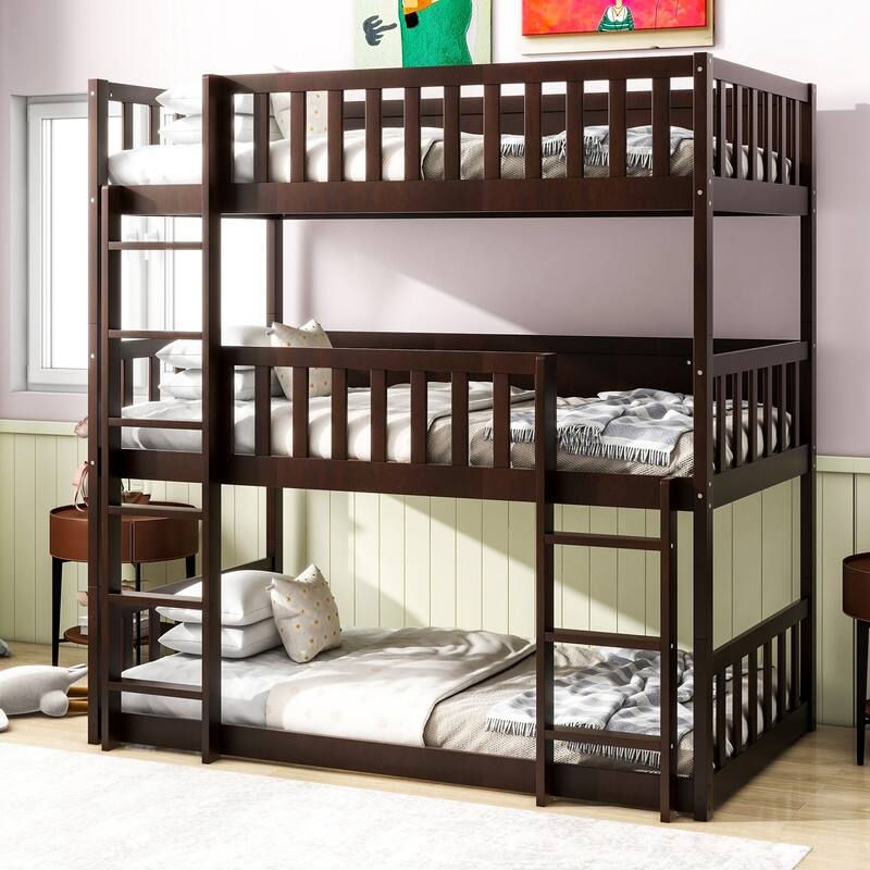 Twin over Twin over Twin Size Triple Rubber Wood Bunk Bed with Ladders, Guardrails