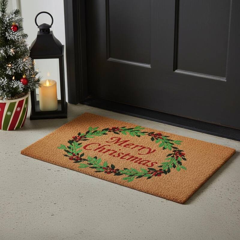 HomeRoots 17" X 29" Brown Red And Dark Green Christmas Merry Christmas Outdoor Coir Door Mat - 17.00' X '29.00 - 17.00' X '29.00