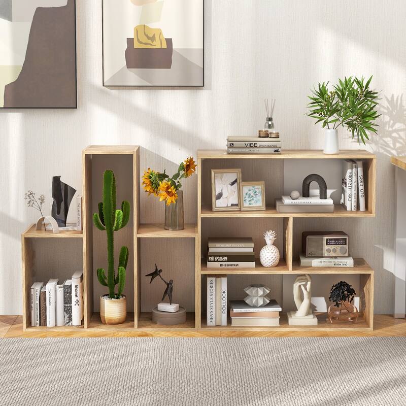 Modular Bookcase with 6 Open Shelves and Natural Wood Grain Display Shelf for Living Room - 52" x 12" x 33"