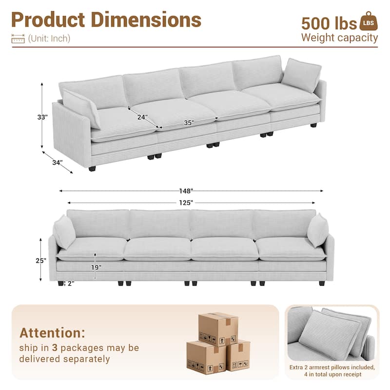148" Overised 4 Seater Corduroy Clud Couch Modular Sectional Sofa for Living Room