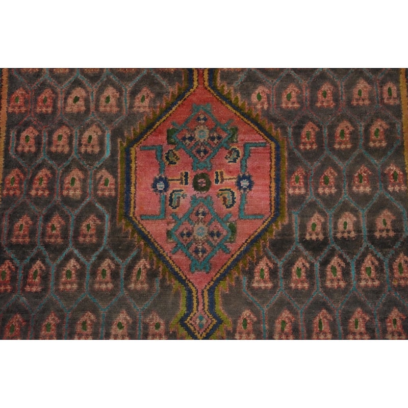Hand Knotted Oriental 100% Wool Carpet Traditional Geometric Greys & Charcoal Hamedan Runner Rug - 9' 2'' X 3' 6''