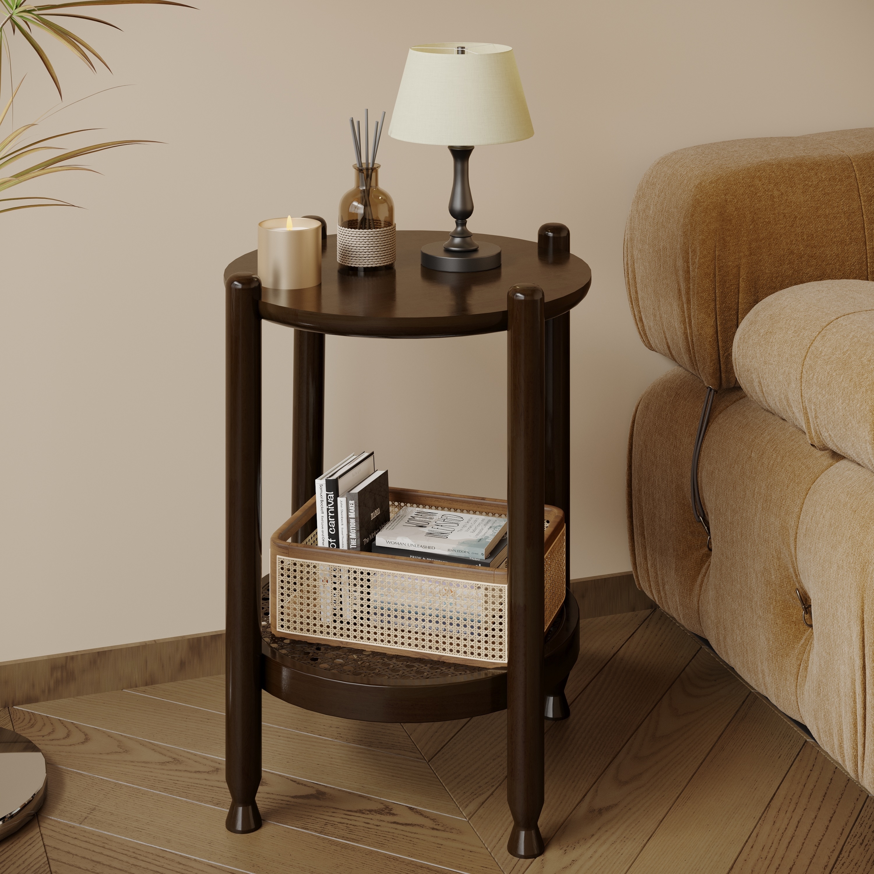 Round End Table for Living Room, 2-Tier Rustic Wood Center Table for Home Decor with Boho Woven Rattan Storage