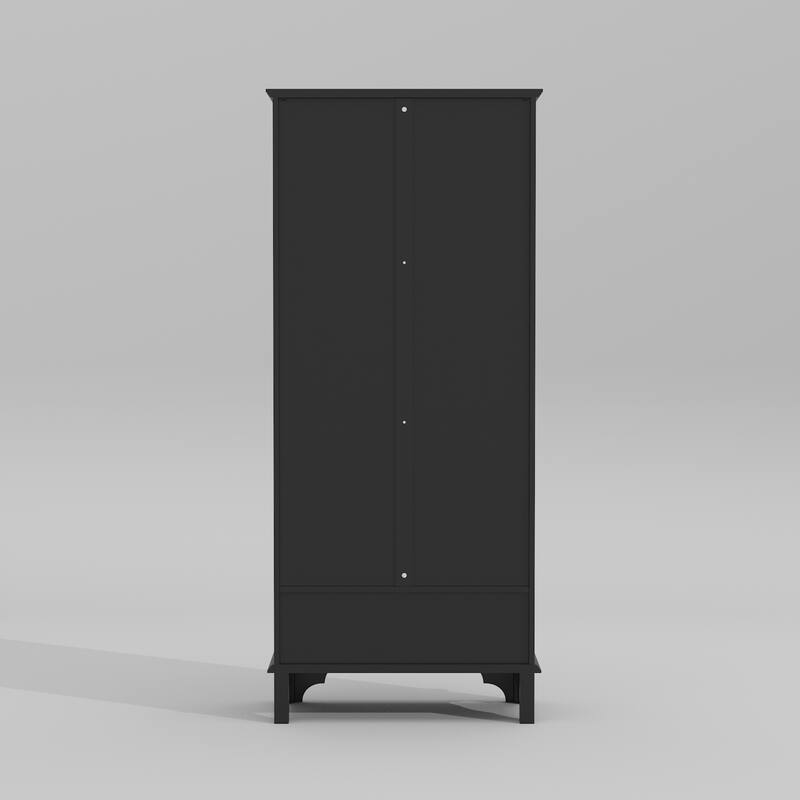 Boho Wood & MDF Display Cabinet with Tempered Glass Doors, Carved Arch Frame & Metal Handle Drawer