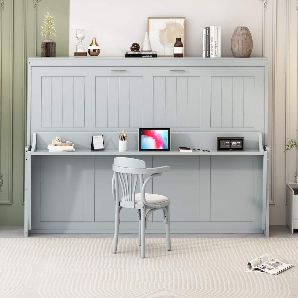 Queen Size Foldable Murphy Bed Wall Bed Convertible Desk with Storage, Bedroom Pine Wood Bed Frame, Modern Pull Down Bed