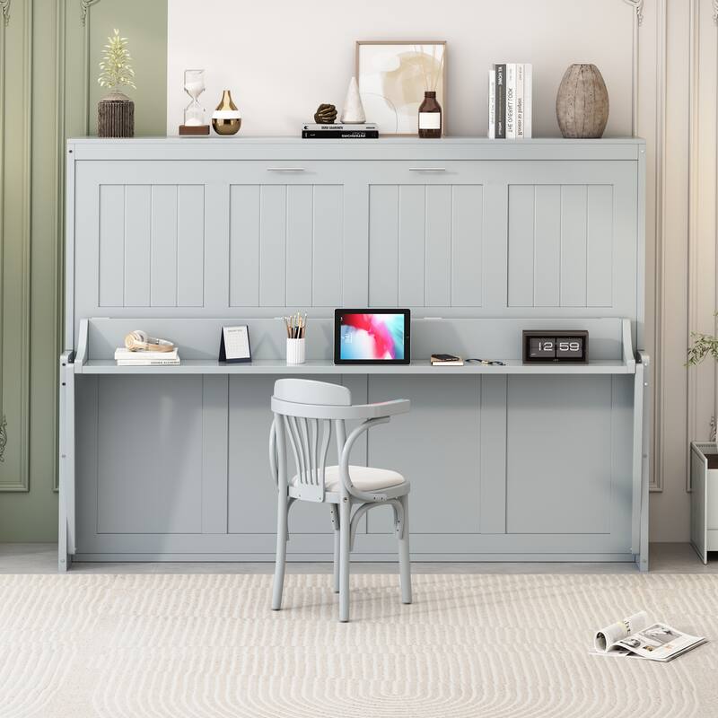 Queen Size Wooden Murphy Bed with Hydraulic Lift and Desk Design - Gray