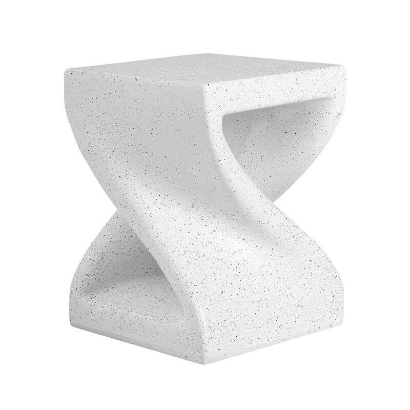 Outdoor White Marble Modern Twisted-Base Terrazzo-Speckled All-Weather MGO Side Table, Indoor End Table for Home