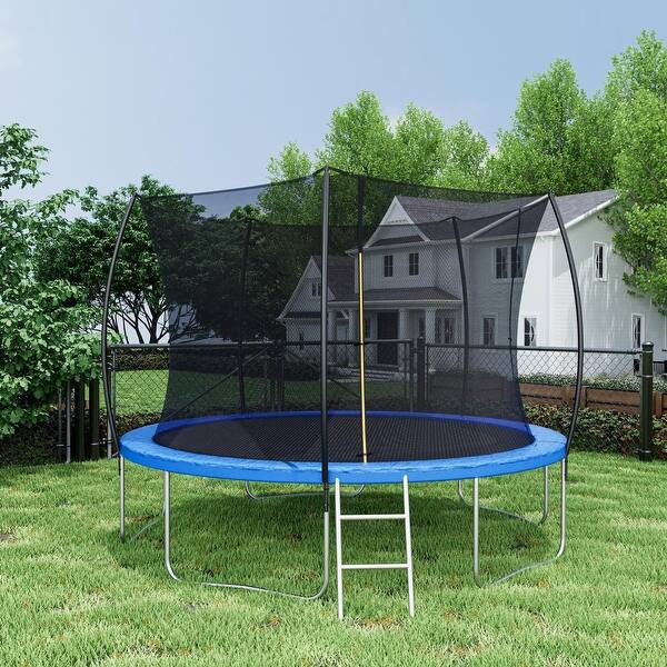 slide 2 of 9, 12FT Trampoline with Curved Poles,Safety Net,Ladder,Double-Sided Pad Black