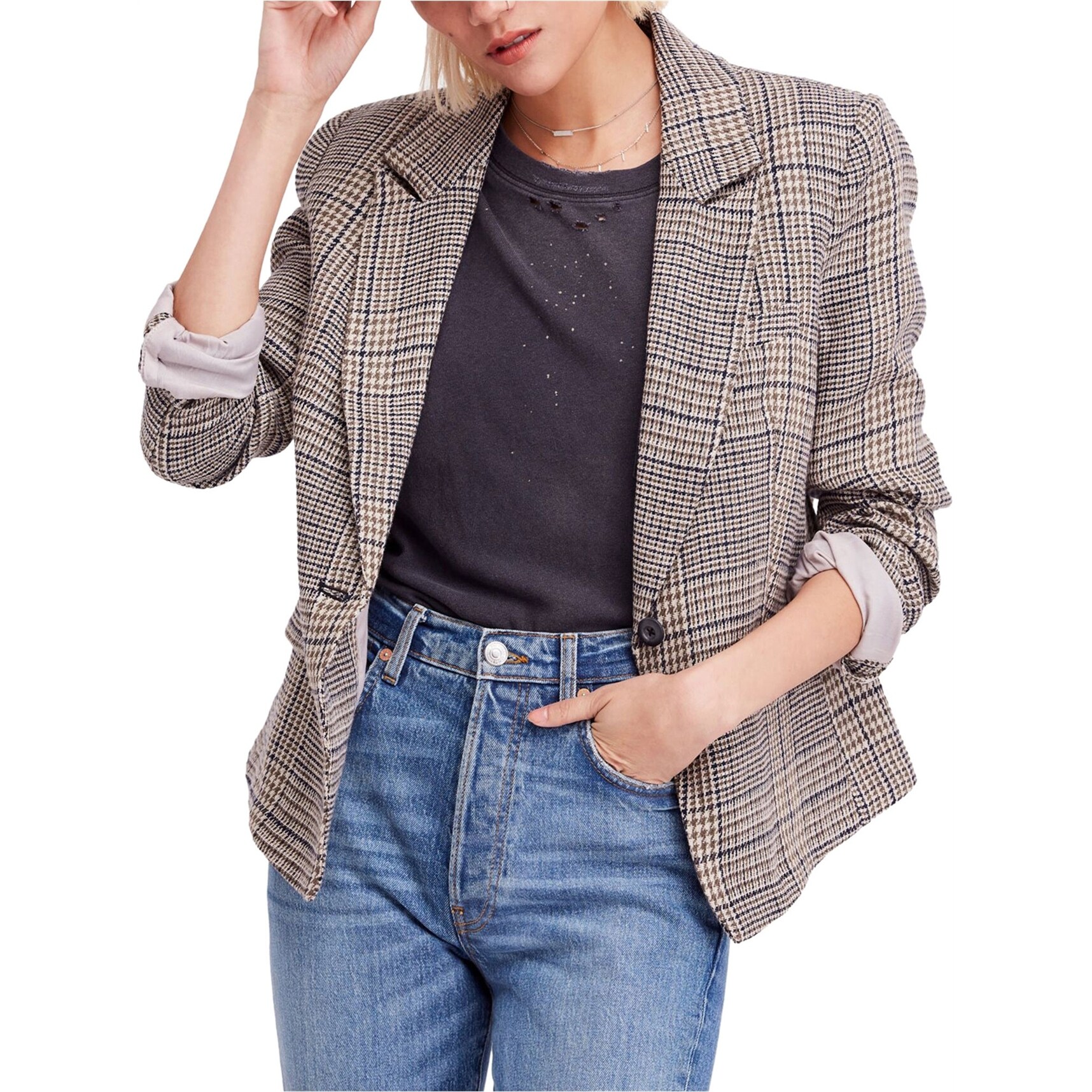 Free people plaid blazer clearance