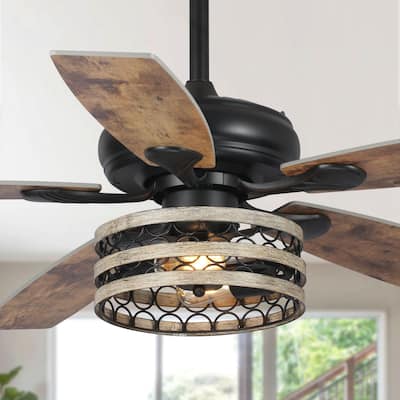 52" Farmhouse Driftwood 5-Blade Black Caged Ceiling Fan with Remote