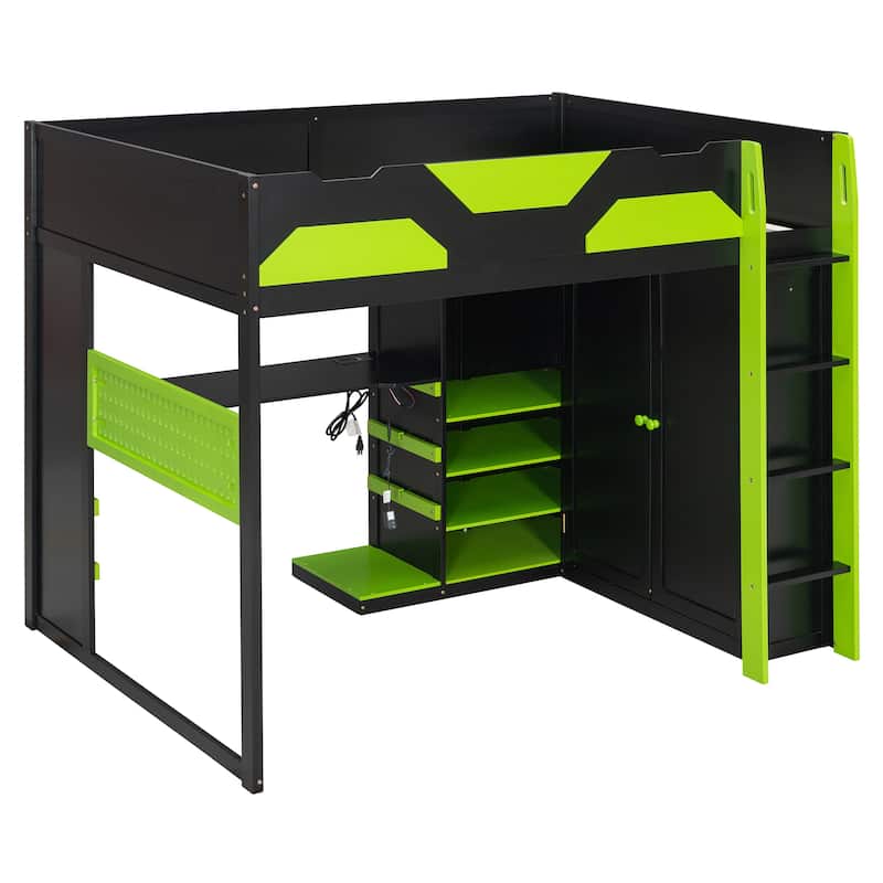All-in-one Esports Gaming & Work Loft Bed with Adjustable Desk, LED, Charging Station, Pegboard, Storage Shelves and Wardrobe