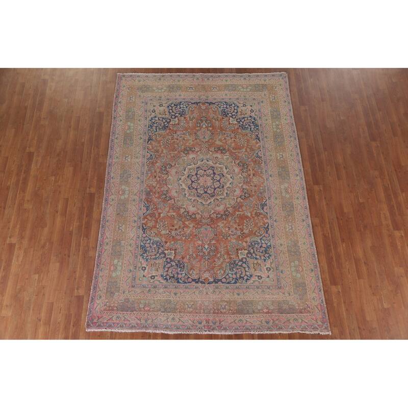 Hand Knotted Oriental 100% Wool Carpet Traditional Floral Oranges & Rust Mashad Area Rug - 9' 5'' X 6' 5''